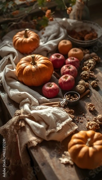 Fototapeta  Rustic Kitchen Flat Lay with Autumn Ingredients – Pumpkins, Apples, Cinnamon, and Walnuts in Natural Light 