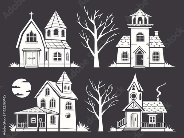 Fototapeta Spooky Houses and Bare Trees A Collection of Halloween Themed Vector Illustrations on Dark Background