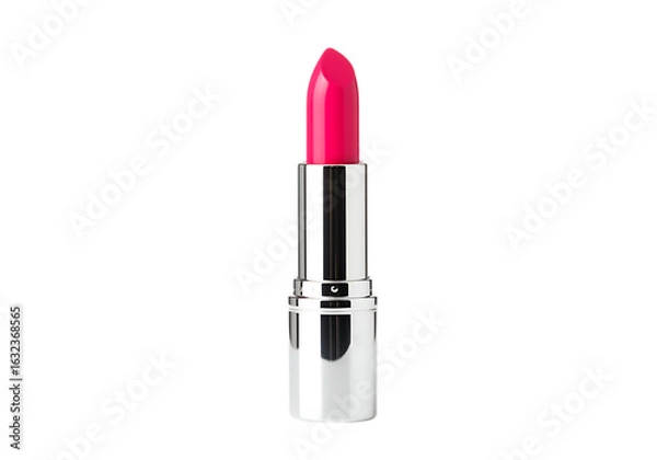 Fototapeta Single vibrant fuchsia pink lipstick in a sleek silver bullet casing on a dramatic black background