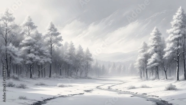 Fototapeta Winter landscape with snow-covered trees and a winding river  