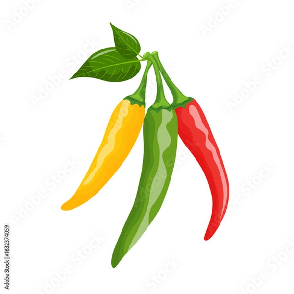 Fototapeta colorful, realistic set of hot chili peppers, on a white background. Red, yellow and green.