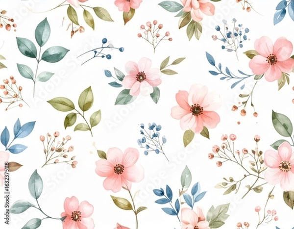 Obraz 白い背景にパステルカラーの水彩の可愛い花柄のシームレス背景	