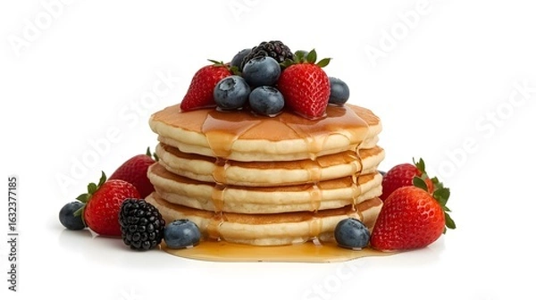 Fototapeta Fluffy Pancakes with Syrup and Berries – Breakfast Food Isolated Image
