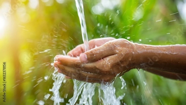 Fototapeta High quality photo of closeup of hands catching fresh water stream with green nature background, concept of health, hygiene, and natural resources, clean and pure water