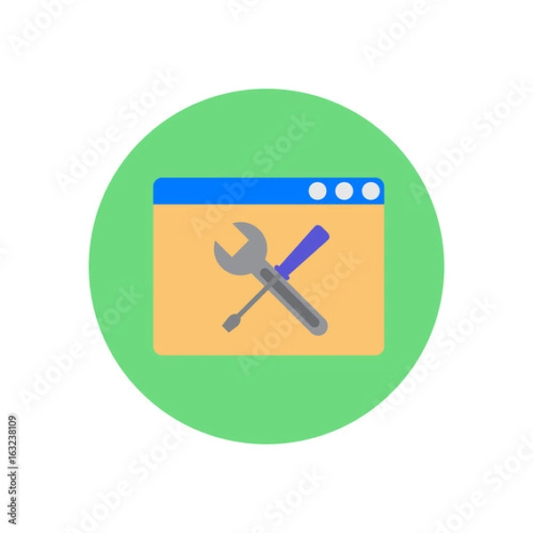 Fototapeta Browser with crossed wrench and screwdriver flat icon. Round colorful button, Web page settings and configuration circular vector sign, logo illustration. Flat style design