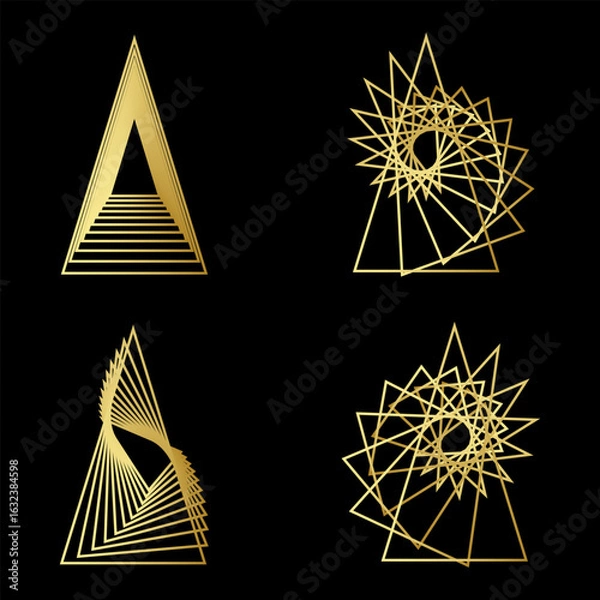 Fototapeta Golden Triangle Geometric Spiral Patterns on Black Background