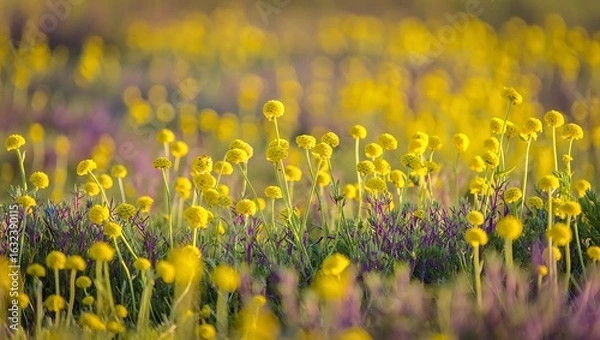Fototapeta High quality photo of a vibrant field of yellow billy button flowers in full bloom, creating a picturesque scene of natures beauty on a sunny day in the countryside