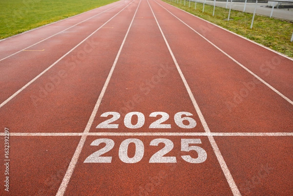 Fototapeta Start of new year. Changes of year 2025, 2026, 2027 on Running track. Concept of new ideas starting in new year, planning along with setting objectives to set KPI goals for success in life.