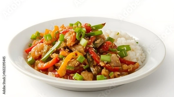 Fototapeta Healthy Stir Fry with Vegetables and Rice – Quick Asian Meal on White