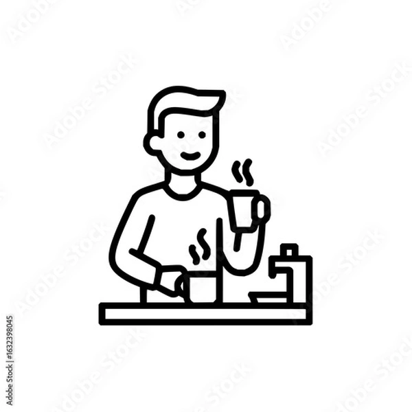 Fototapeta Person enjoying coffee at a table with a coffee maker and steam rising from the beverages in outline