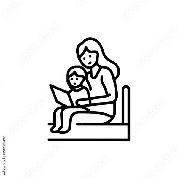 Fototapeta Illustration of a mother and child sitting together while reading a book in a simple line drawing style