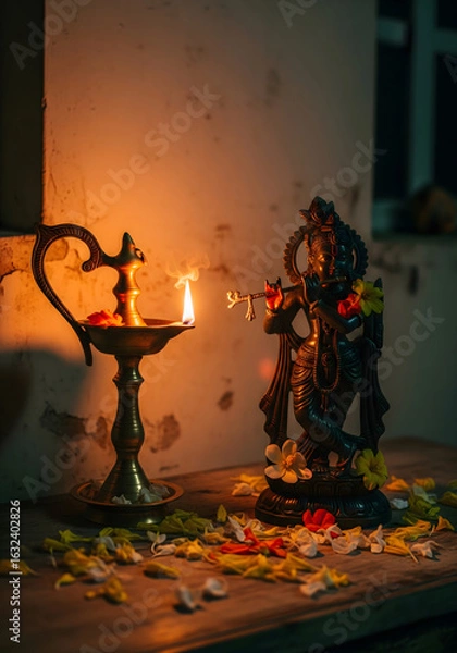 Fototapeta A small statue of a Hindu deity is illuminated by the soft glow of a traditional oil lamp, surrounded by flower petals on a wooden surface