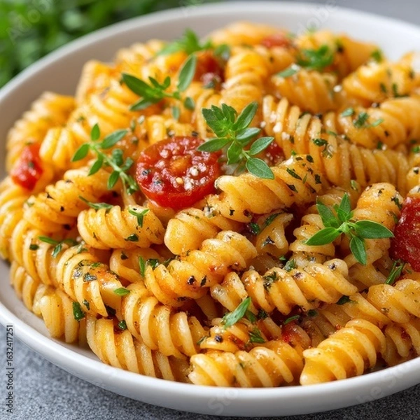 Fototapeta Savory Spiral Pasta with Red Sauce and Fresh Herbs in White Bowl On Gray Table