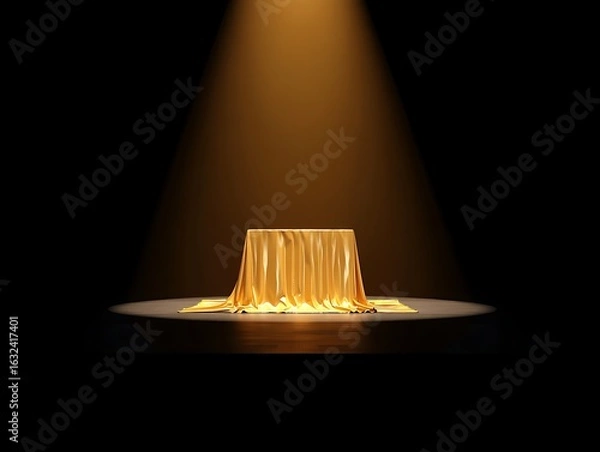 Fototapeta High quality photo of a golden podium covered in silk fabric under a spotlight, ideal for a stage presentation, award ceremony, or product reveal in a luxurious setting