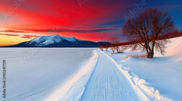 Fototapeta Scenic Winter Landscape With Snowy Path Trees Mountains and Sunset Sky in Pink and Red