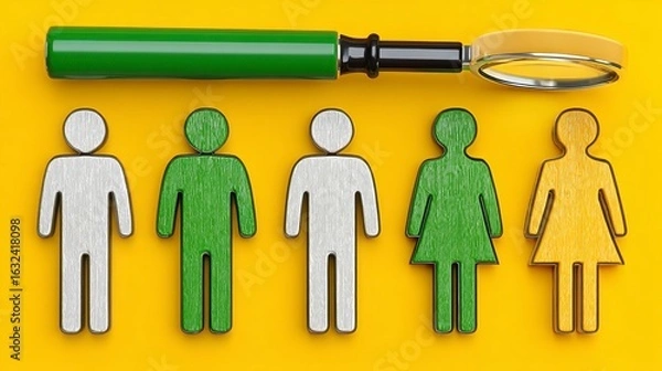 Fototapeta Selection Process Glitter Figures and Magnifying Glass on Yellow
