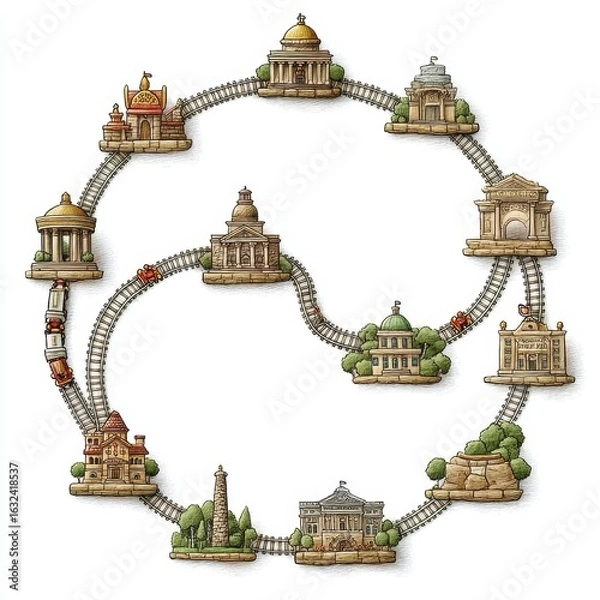 Fototapeta Sepia Architectural Illustration Circular Journey of Diverse Building Styles