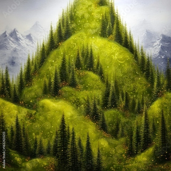 Fototapeta Serene Green Hills and Evergreen Trees Under an Overcast Sky