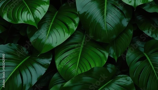 Fototapeta Deep Green Tropical Foliage A Serene and Lush Botanical Background with Vibrant Textures and Elegant Leaf Patterns