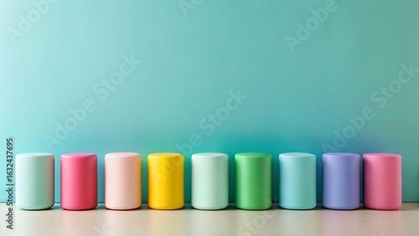 Obraz A vibrant row of pastel colored cylinders standing against a teal blue background