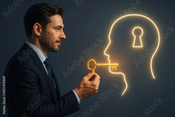 Fototapeta Unlock the Potential: A man in a suit carefully examines a key against an illuminated outline of a head with a keyhole, symbolizing access to knowledge and unlocking potential. 