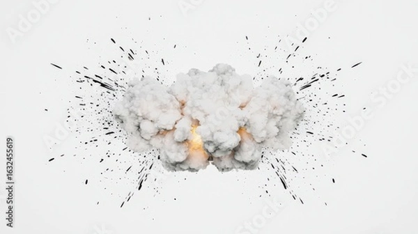 Fototapeta Dramatic Explosion Cloud with Smoke and Sparks Emanating on a White Background