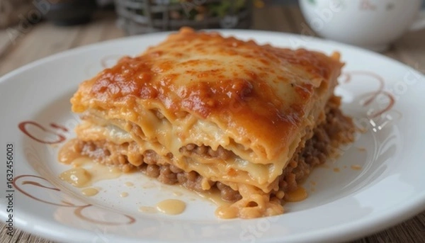 Fototapeta Lasagna Layers with Melted Cheese and Meat Sauce
