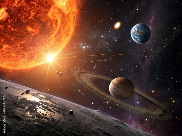 Obraz Panoramic View from the Sun: Vibrant Universe with Solar Flares and Deep Space Background