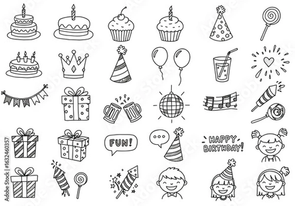 Fototapeta Collection of handdrawn birthday party elements isolated on white background, featuring cakes, balloons, gifts, hats, and cheerful kids in a doodle style
