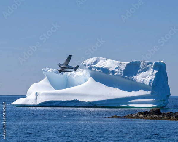 Fototapeta A small tour plane flies close to an iceberg giving tourist a close-up view.