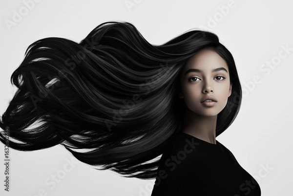Fototapeta Photo beautiful black mulatto brunette girl, black hair fluttering beautifully in the wind, thick black hair
