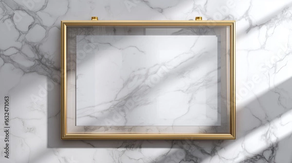 Fototapeta Floating frame mockup with poster inside clear glass, shadow cast on marble surface