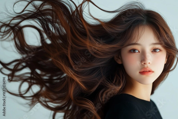 Fototapeta Photo fashion beautiful asian girl brunette, black hair fluttering beautifully in the wind, thick black hair, beautiful girl chinese japanese asian appearance