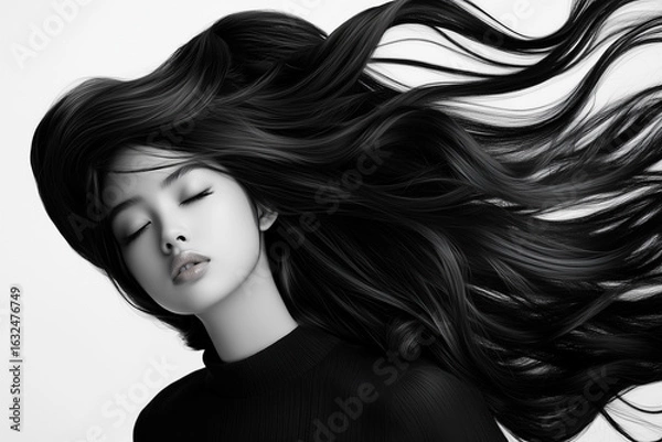 Fototapeta Photo fashion beautiful asian girl brunette, black hair fluttering beautifully in the wind, thick black hair, beautiful girl chinese japanese asian appearance