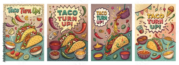 Obraz Set of four posters featuring tacos in vibrant comic book style with spices and sauces