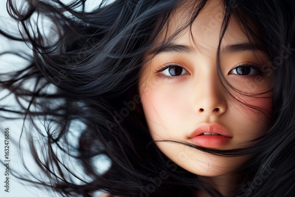 Fototapeta Photo fashion beautiful asian girl brunette, black hair fluttering beautifully in the wind, thick black hair, beautiful girl chinese japanese asian appearance
