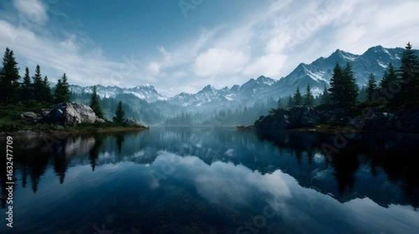 Fototapeta Tranquil mountain lake reflection in a serene wilderness landscape