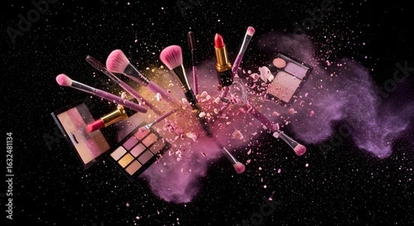 Obraz Floating Makeup Tools Lipsticks Brushes and Powder Splash