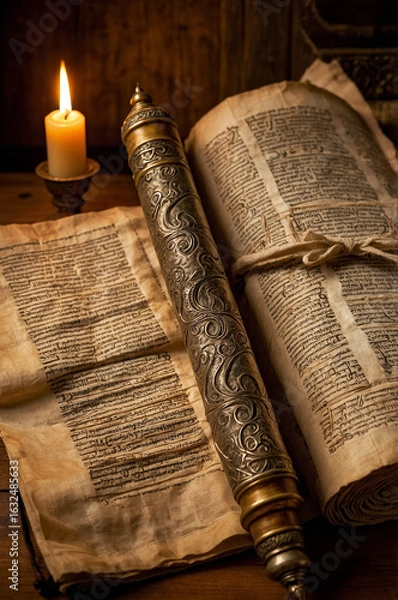 Obraz Ancient Manuscripts and Scroll with Candlelight