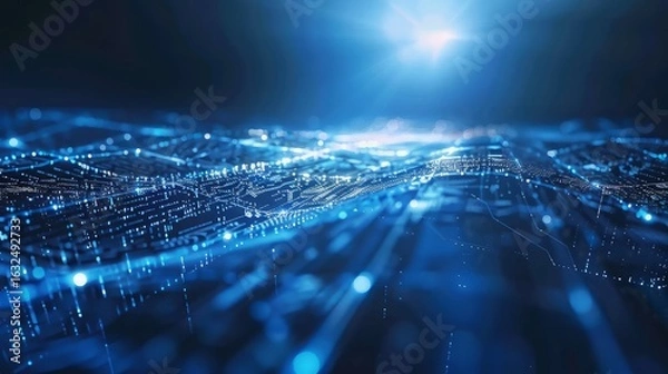 Fototapeta Abstract computer technology blue background banner futuristic business data technology modern concept, circuit board shape lines connecting link structure dark blue contrast. 8K.