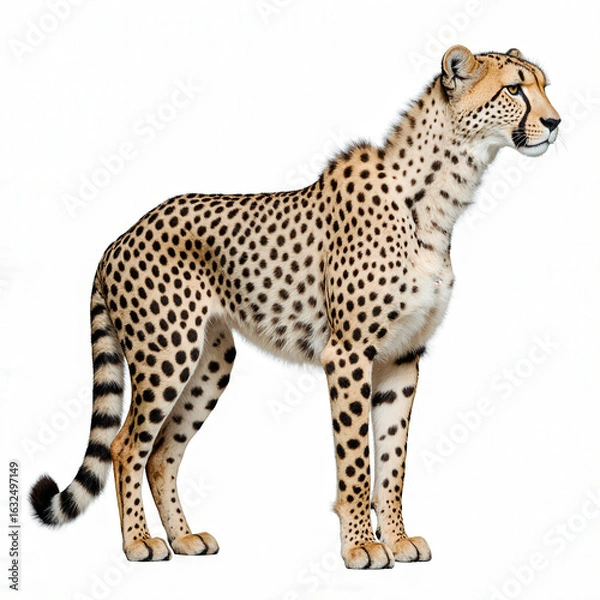 Fototapeta Cheetah Pose: A majestic cheetah stands in full profile, its sleek spotted coat gleaming under the natural light. captured with a full body pose showing the animal's elegance, power, and grace.