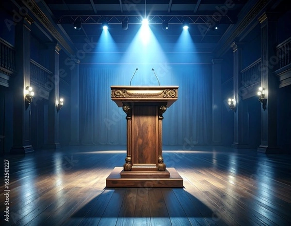Fototapeta Ornate wooden podium with microphones on a grand stage, bathed in dramatic blue spotlights. An empty hall awaits a speaker for a formal event, conference, or public address.
