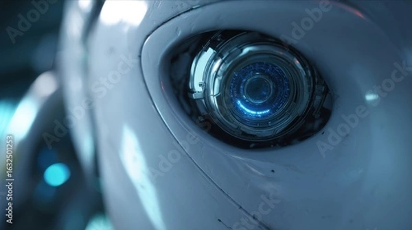 Fototapeta Closeup of a robotic eye equipped with advanced sensors scanning a newly assembled AUV hull for quality control while soft blue lights flicker revealing the precision of technology