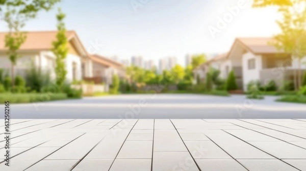 Fototapeta Empty wooden surface in front of houses