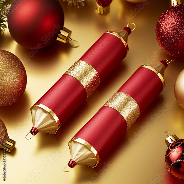 Fototapeta Two red and gold oblong Christmas ornaments lay on a shiny gold surface surrounded by red and gold baubles. Concept of Christmas, festive, holiday, decoration, elegant.