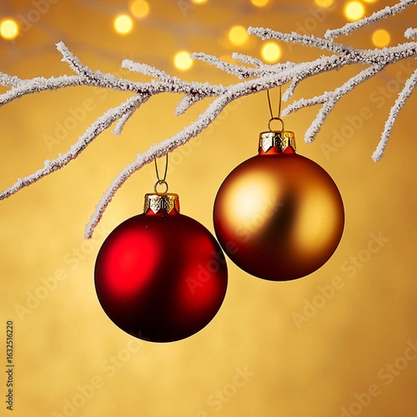 Fototapeta Two Christmas baubles, one red and one gold, hang from a heavily frosted branch with bokeh lights. Concept of Christmas ornaments, holiday decorations, festive season, winter, celebration.
