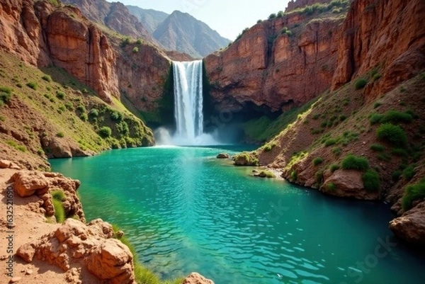 Fototapeta Spectacular Ouzoud Waterfalls plunge into emerald pools below, natural wonder, vacation