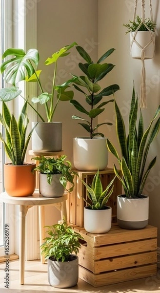 Fototapeta Lush indoor plants like Monstera, Snake Plants, and Fiddle Leaf Fig in modern pots by a sunny window.