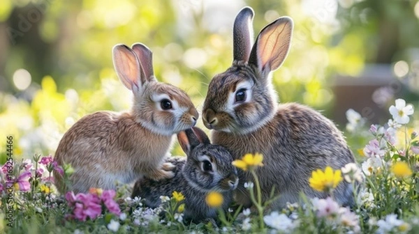 Fototapeta A family of rabbits inside a circle of wildflowers, a minimalist studio shot, an advertising image for cruelty-free cosmetics. generative ai