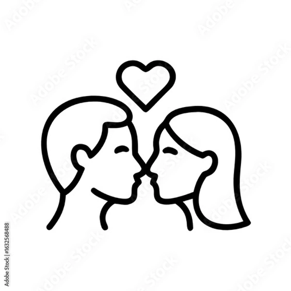 Fototapeta Romantic couple kissing icon with a love heart. Man and woman in a relationship, simple line art.